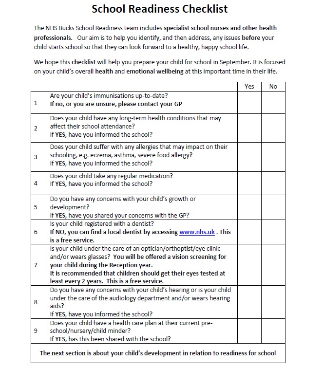 image of the school readiness checklist document