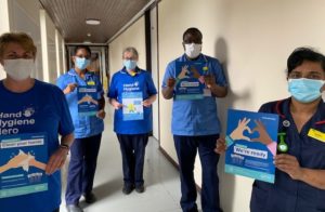 Infection Prevention Control team wearing their blue hand hygiene hero tshirts