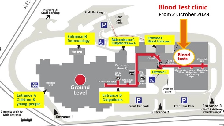Amersham Hospital map showing the location for blood tests from October 2023