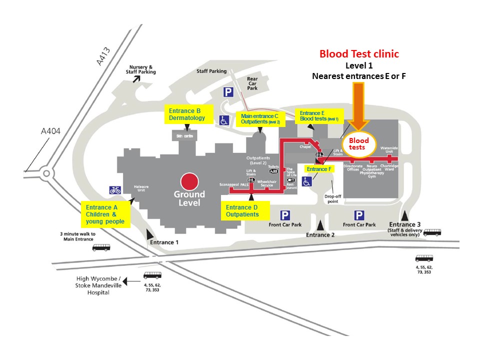 Map showing location of blood test clinic at Amersham Hospital