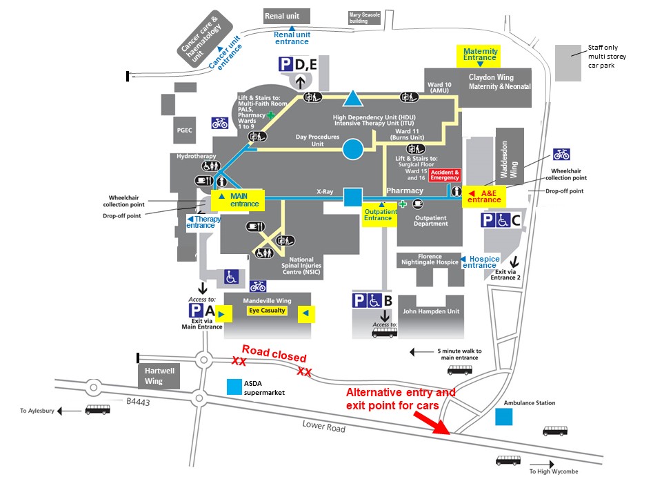 Stoke Mandeville Hospital site map indicating a temporary road closure on site