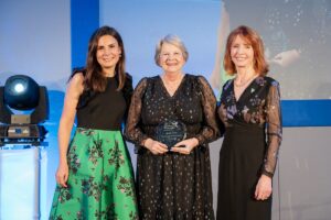 Liz Scott (centre) with Rowan Wathes, Associate Director of the UK Parkinson's (left) Excellence Network and Jane Asher, Parkinson's UK President (right)